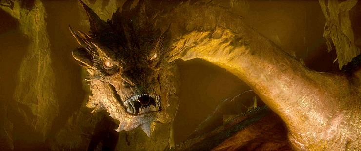 Smaug, el temible dragón que custodia la ciudad subterránea de Erebor.